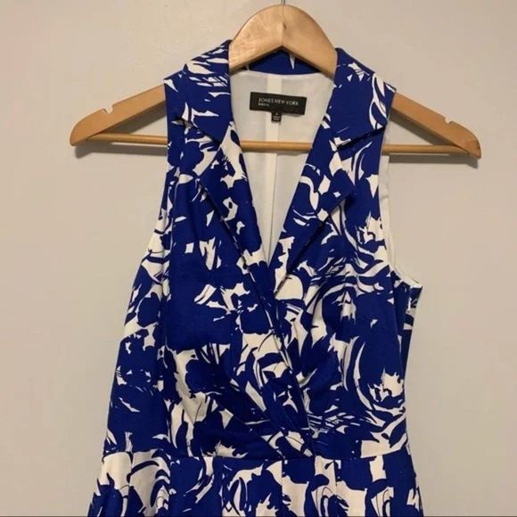 Jones New York Blue White Abstract Floral Print Midi Knit Pull Over Dress Size 8 - Picture 4 of 12